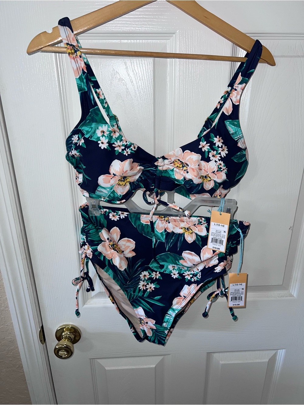 High Waisted Bikini Set Navy Tropical Floral Navy Resort Wear Vacation Cruise